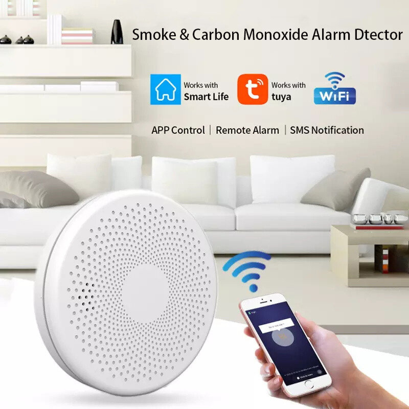 Tuya WiFi Fumaça e Monóxido de Carbono Detector Combinação, Sensor de Alarme de Incêndio, 85dB, Tempo Real, App Notificação, Self-Test