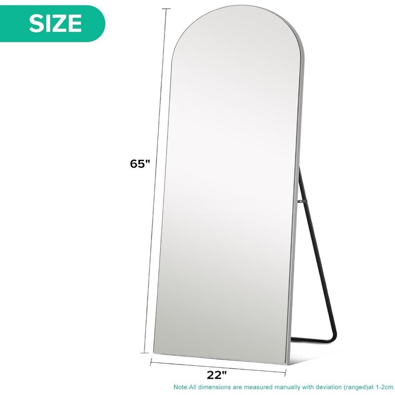 Arched Wall Piso Espelho com suporte, Full Body Mirror, Silver Wood Frame, livre Sala de estar, 65 "× 22"