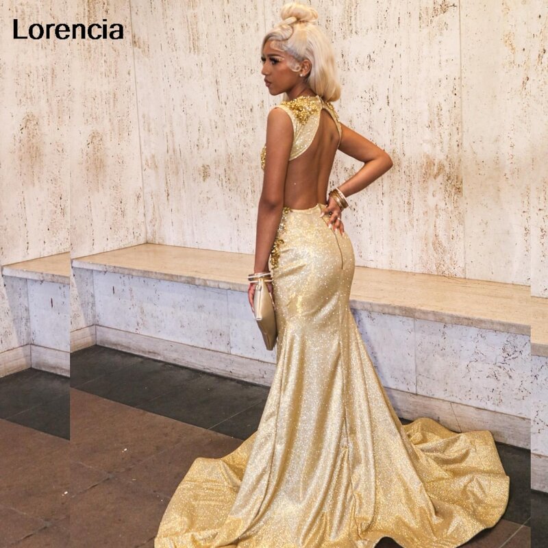 Lorencia-Vestido dourado de baile sereia com lantejoulas, strass, cristal, festa, vestidos de gala, YPD119, 2024