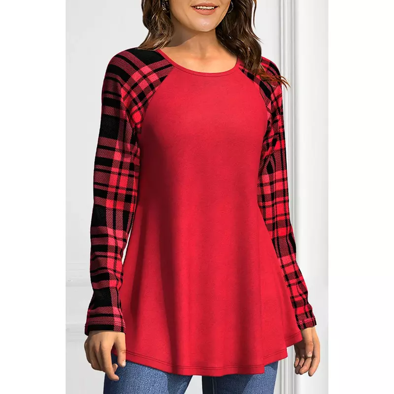 クリスマスチェック柄パッチワークTシャツ、長袖、黒と赤、プラスサイズ