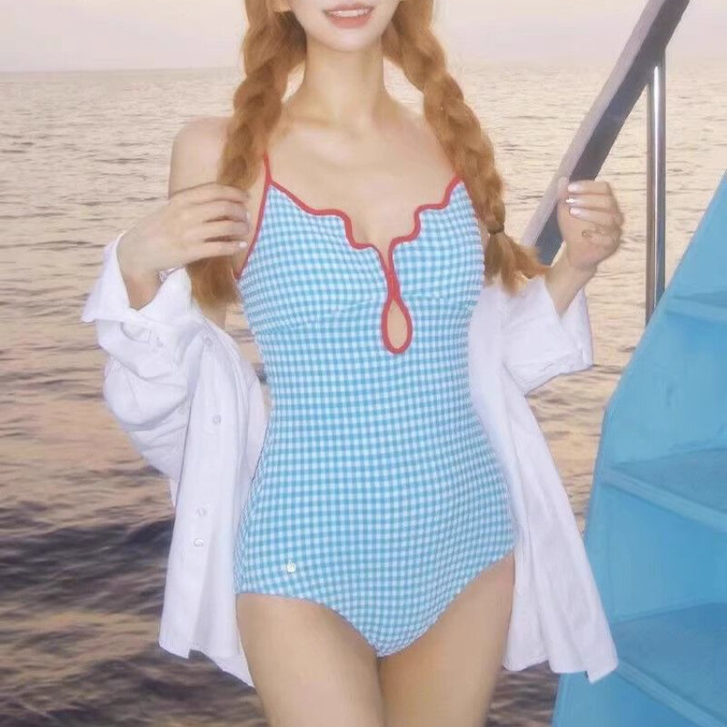 Summer Sexy One-piece Bikini Swimsuit Korean Women Vintage Blue Plaid Strap Y2K Girls Swimwear  Tummy Control Beach Bathing Suit