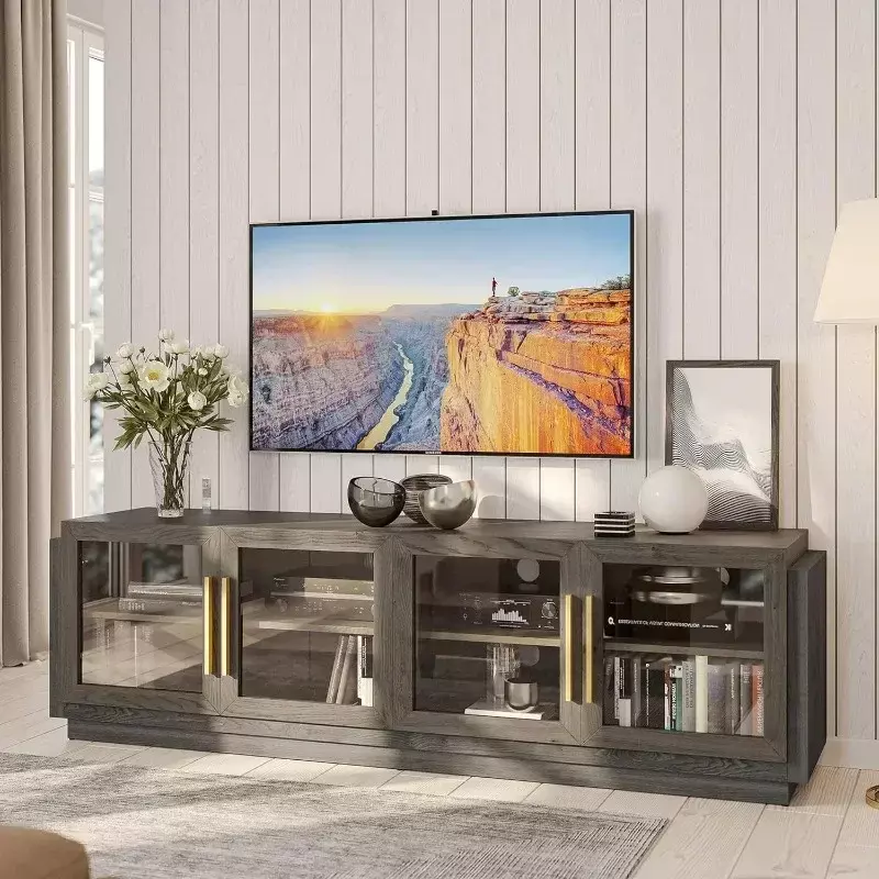 Dudukan TV 70 inci untuk TV hingga 75 inci, kabinet TV Modern & pusat hiburan dengan rak, kabinet penyimpanan kayu untuk ruang tamu