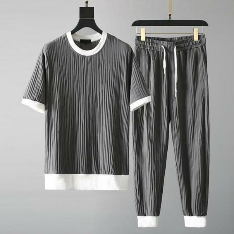 Two-Piece Men's Casual T-shirts Pants Set Solid Color Pocket Colors Block O-Neck Summer Male Round Neck Pleats Sports Outfit