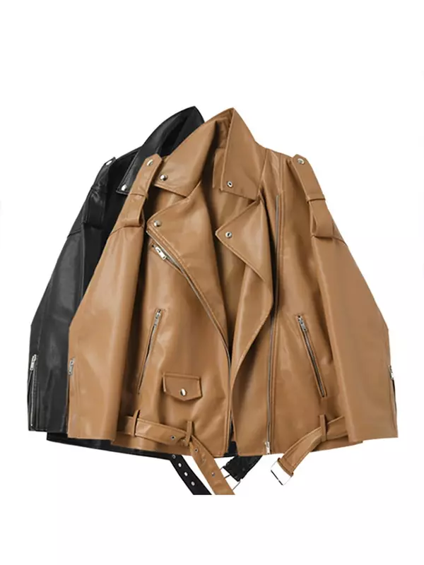 FTLZZ-chaquetas de piel sintética para mujer, abrigo informal suelto, de hombro caído, prendas de vestir de locomotora con cinturón, primavera y otoño