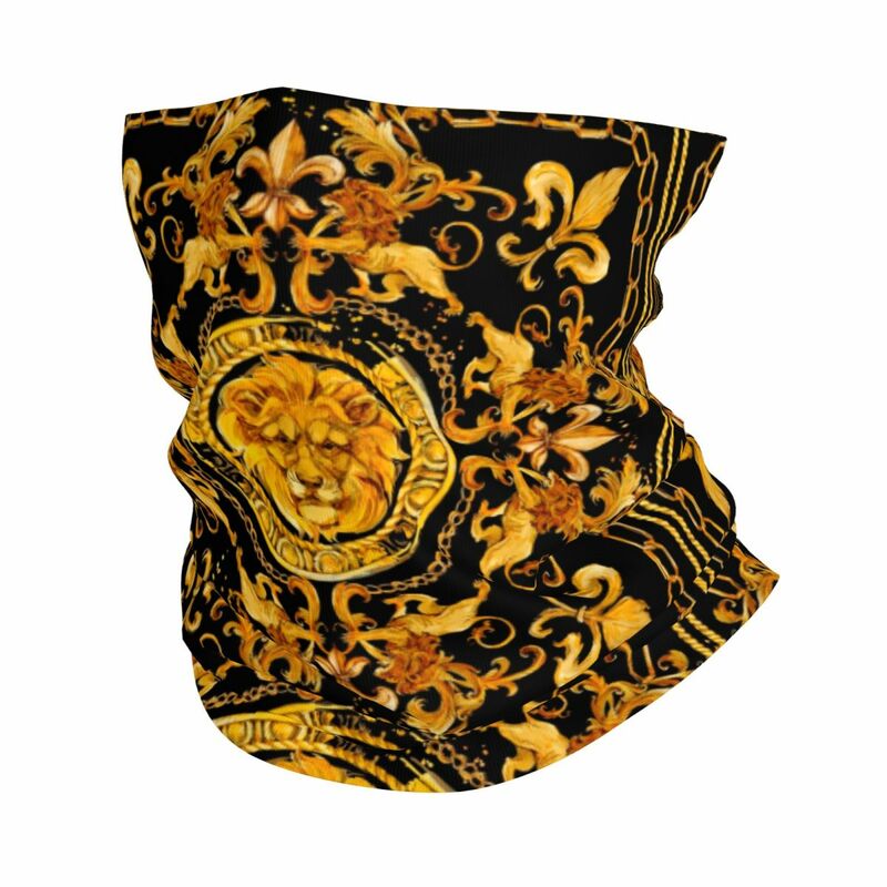 Leone dorato e ornamento damascato Bandana di lusso scaldacollo stampato passamontagna sciarpa magica fascia da pesca uomo adulto traspirante