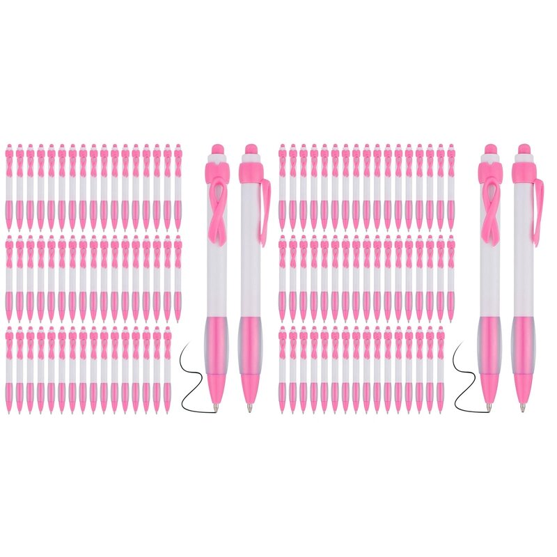 100 шт., ручки с розовой лентой, черные чернила, аксессуары для офиса, подарок для женщин и девушек, прочный розовый