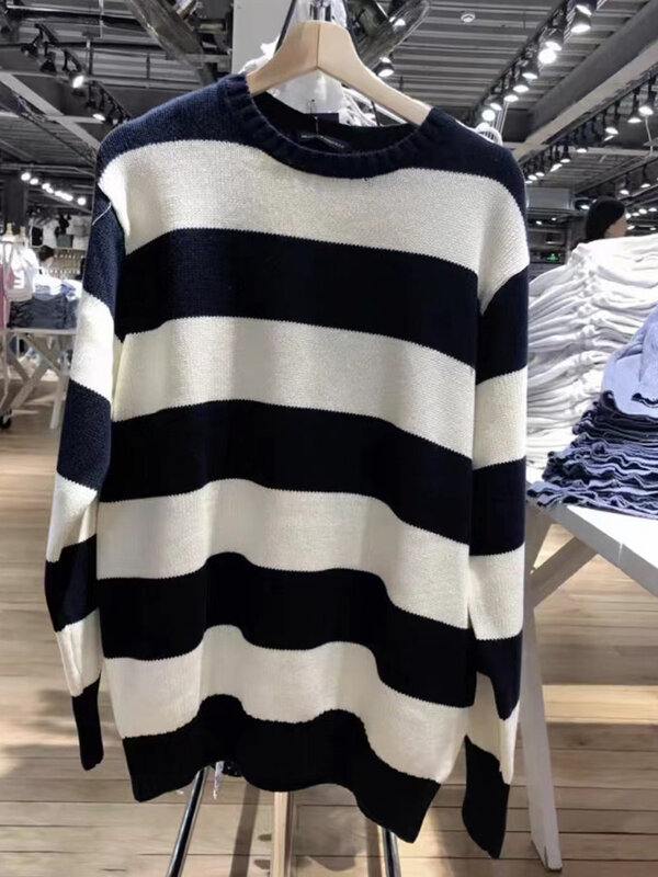 Vintage Striped Loose Knitted Sweater Women Cotton O-neck Preppy Style Casual Streetwear Pullover Tops Simple Chic Sweet Jumper