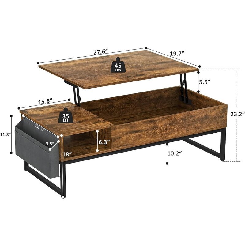 사이드 포켓이 있는 나무 프레임 중앙 테이블, 조정 가능한 리프트 테이블, 거실용 커피 테이블, 카페 가구