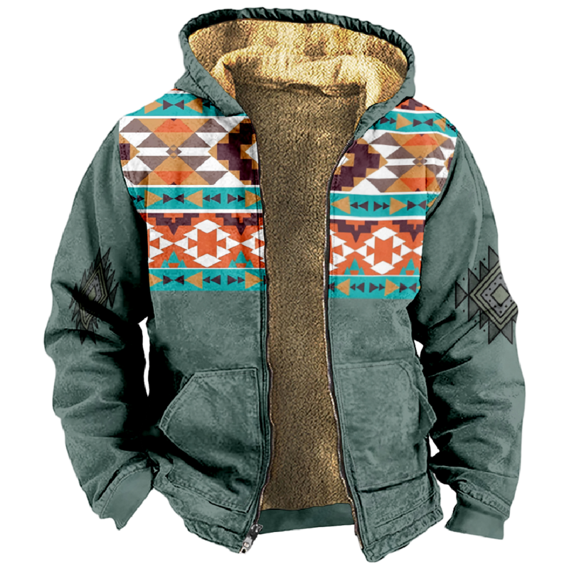 Sudadera con capucha con estampado Azteca para hombre y mujer, abrigo de manga larga con cremallera y cuello levantado, ropa de invierno