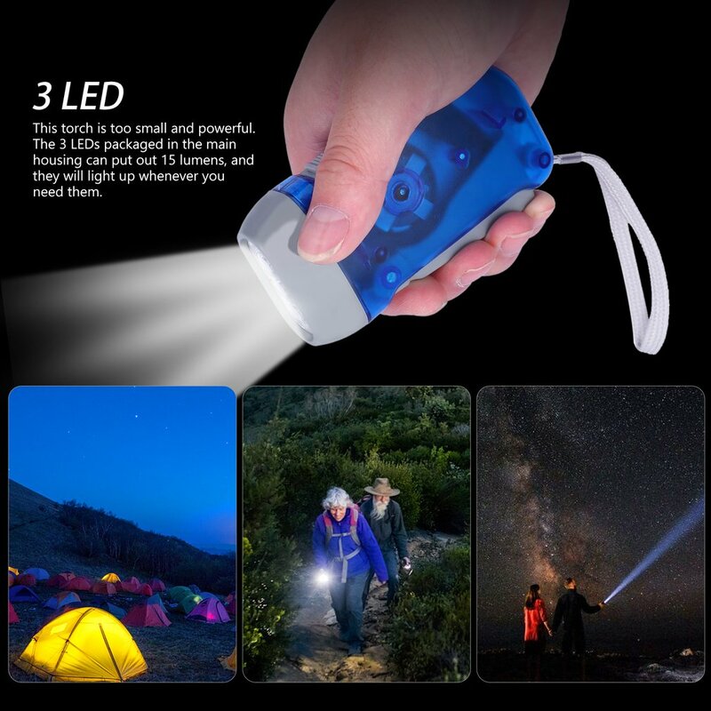 Lampe de poche à manivelle dynamo à pression manuelle, lampe torche, lampe de camping, équipement d'éclairage extérieur, 3 LED