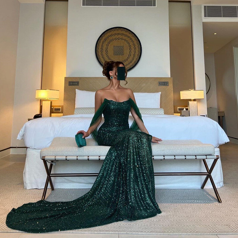 Aleeshuo Elegant Mermaid Saudi Arabic Women Green Sequin Evening Dresses Sexy Strapless Prom Gowns Formal Occasion Dress Party