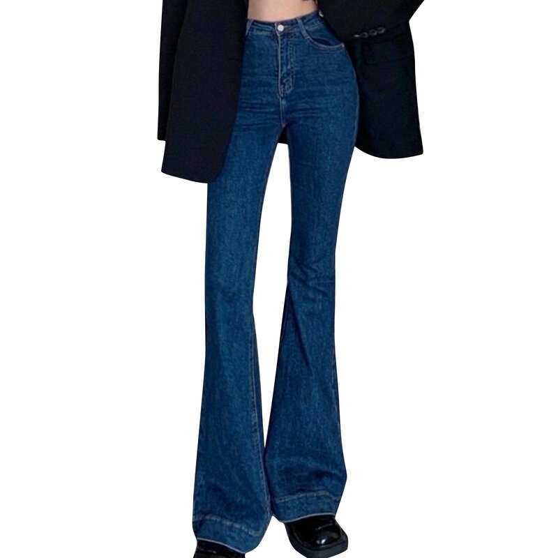 Damskie spodnie jeansy rozkloszowane w stylu Vintage z wysokim stanem elastyczne wyszczuplająca seksowne spodnie mody lekko zniszczone jeansy Retro dla kobiet
