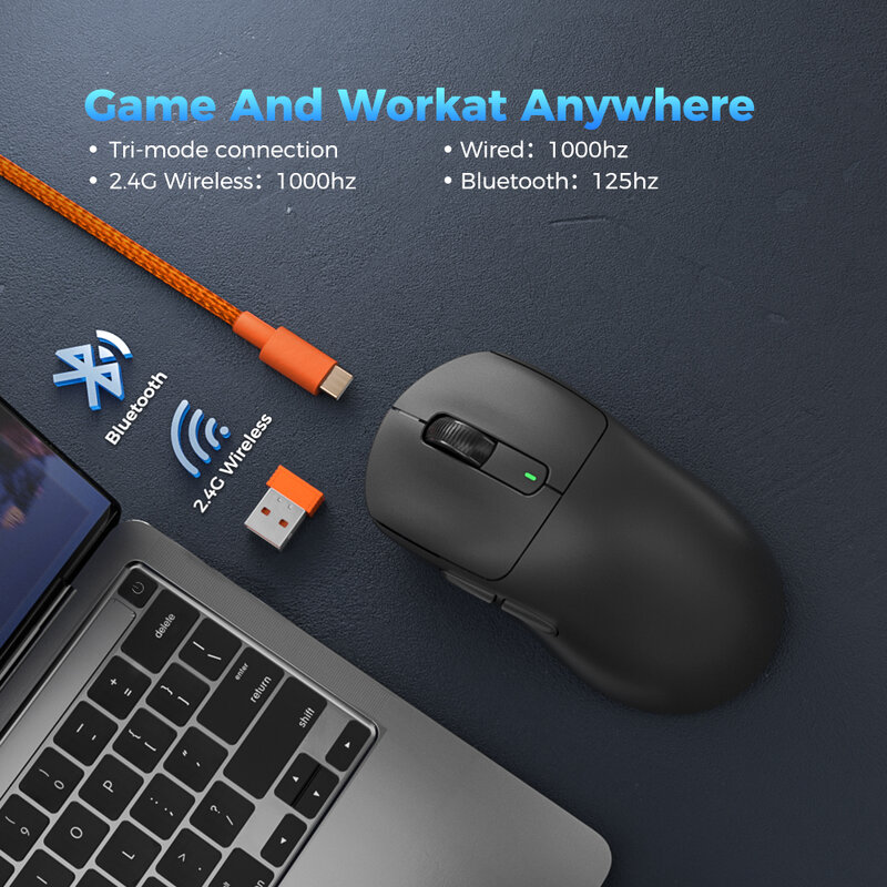 Kysona-Mouse Sem Fio Bluetooth Gaming Esports, M600, PAW3395, 55g, 26000DPI, 6 Botões, Óptico, Computador, Laptop, PC