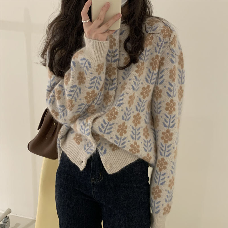 Koreańskie kwiatowe nadruki sweter dziergany damskie wiosna jesień Vintage długi jednorzędowy rękaw sweter damski w całości zapinana na guziki sweter
