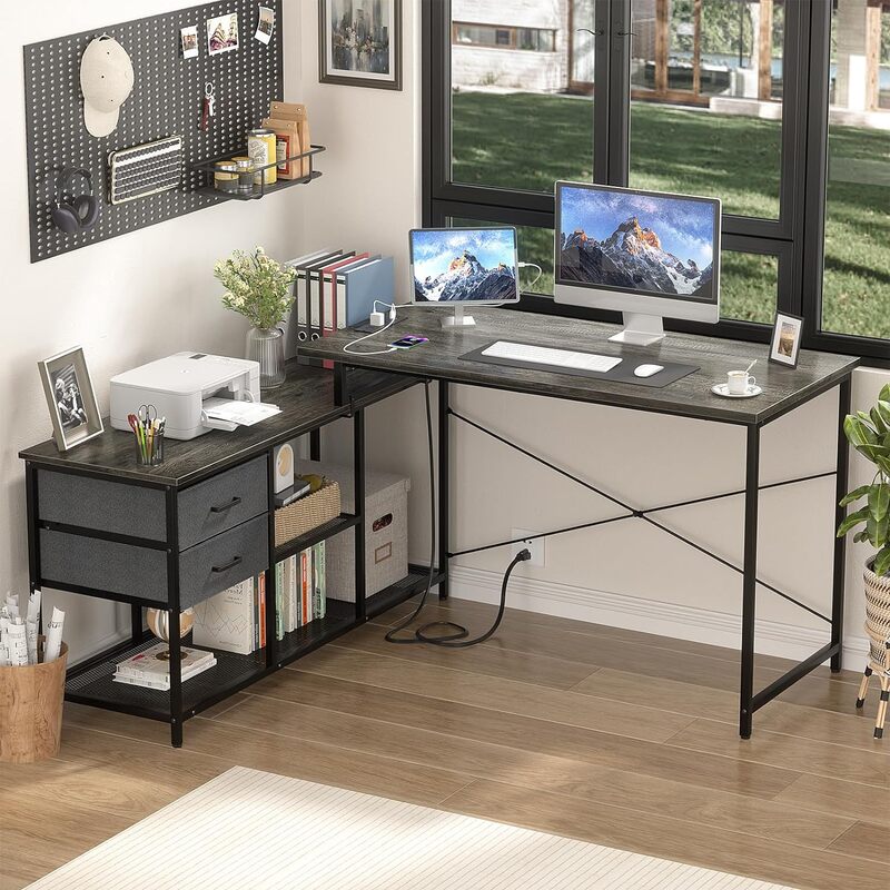 Homieasy Reversible L Shaped Desk with Power Outlet, Corner Computer Desk with Drawers and Storage Shelves, L-Shaped Long Home
