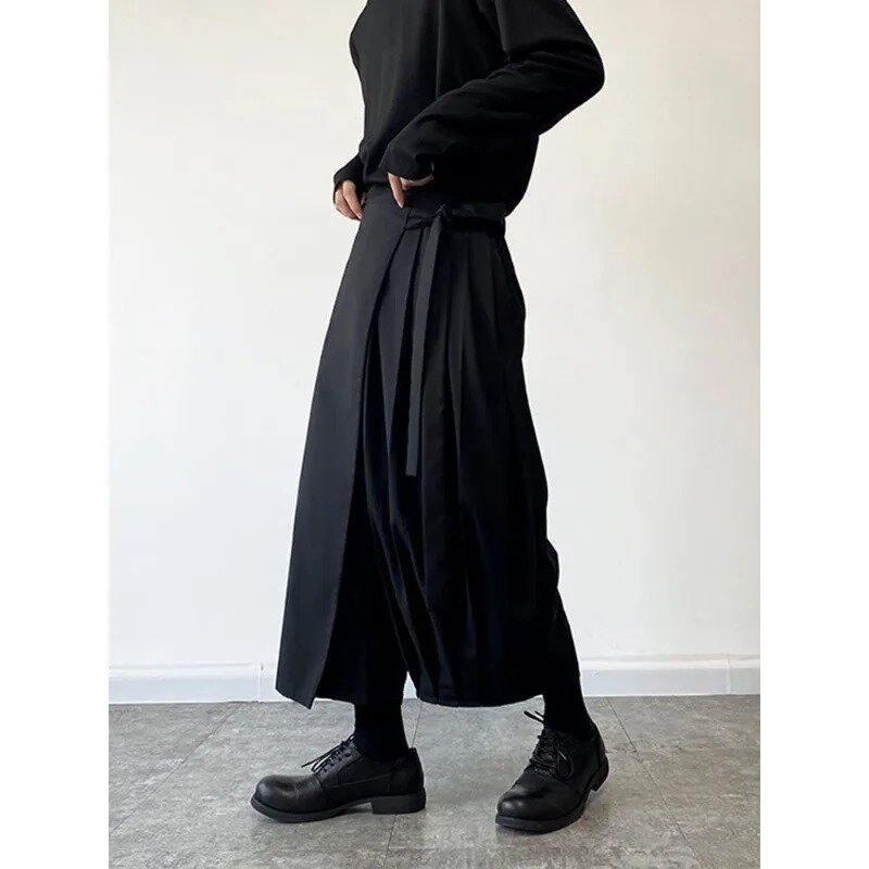 ديبتاون-بنطلون تنورة سوداء فضفاضة قوطية للنساء والرجال ، مطوي ، مستقيم ، ساق واسعة ، ياباني ، بنطلون هاراجوكو ، طراز كوري ، كاجوال