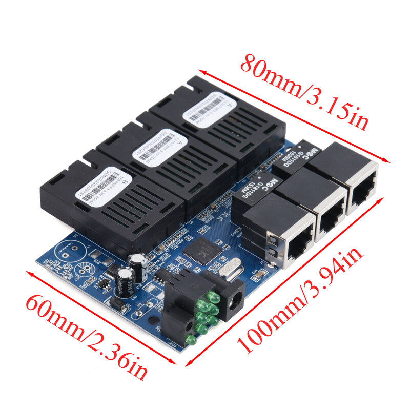 10M/100M PCBA Board convertitore multimediale in fibra ottica 3 RJ45 a 3 SC connettore ottico 20KM Switch Ethernet 1310nm/1550nm 2A + 1B porte