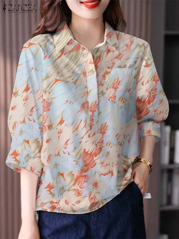 ZANZEA-Chemisier imprimé floral à manches 3/4 pour femme, chemise décontractée, style bohème, vintage, été