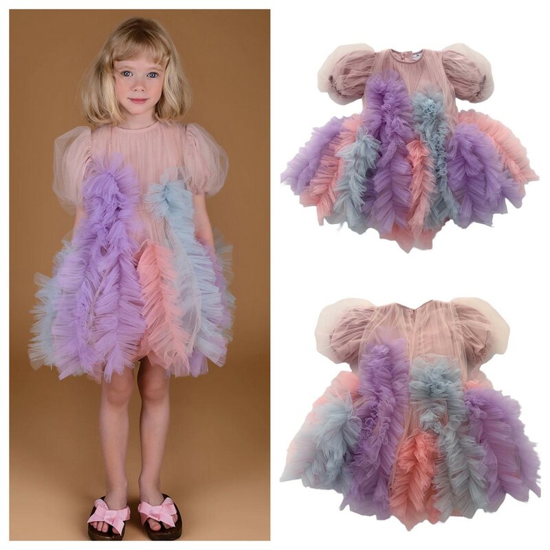 Girls Princess Dress Mesh Summer Rainbow Color Block Bubble Dress Robe Teenager Short Sleeve Party Dressess Kids Clothes 2-12Y