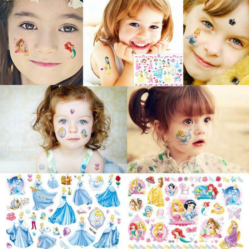 Pegatina de tatuaje de princesa Disney para niñas, 1 piezas, Blancanieves, Bella, Ariel, juguete adhesivo, regalo de fiesta de cumpleaños
