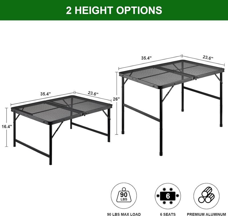 Camping Table, 3 ft Folding Grill Table with Mesh Desktop, Anti-Slip Feet, Height Adjustable, Lightweight & Portable Aluminum