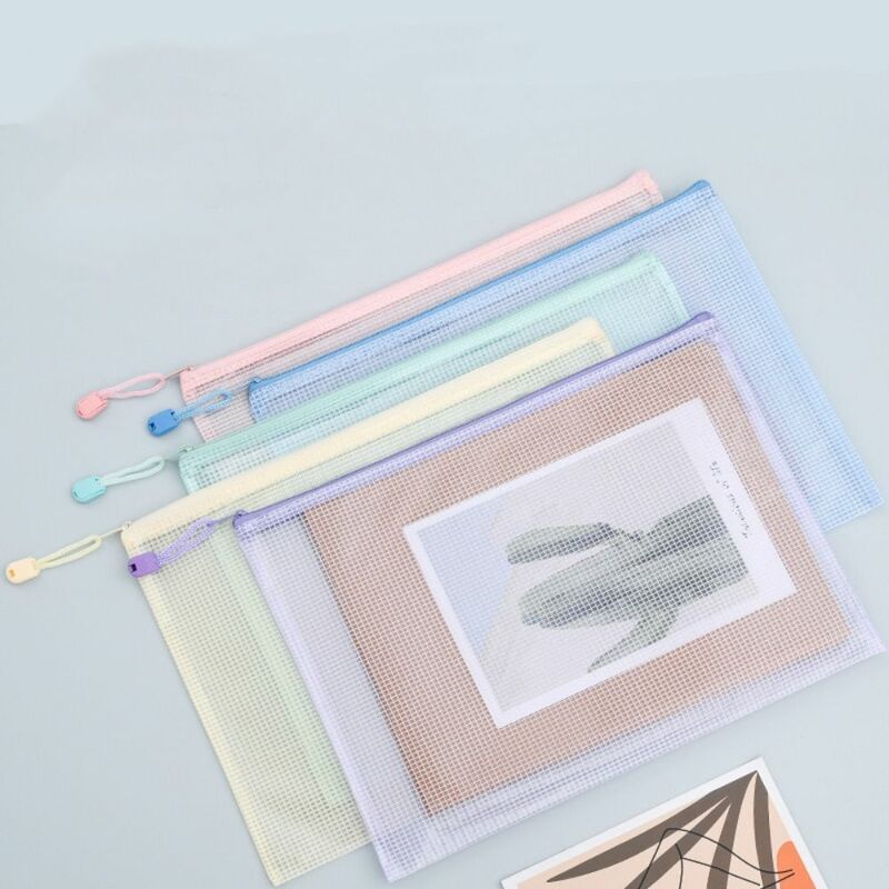 ถุงข้อมูล tas berkas A4สีมาการอง5ชิ้น/เซ็ตถุงเก็บไฟล์ตาข่าย PVC ขนาด A4กระเป๋าซิปมองเห็นได้หนา