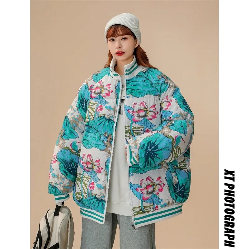 Chinese Style Cotton For Women, New Popular Green Tie Dyed , Loose And Warm Winter Floral Jacket, 2024