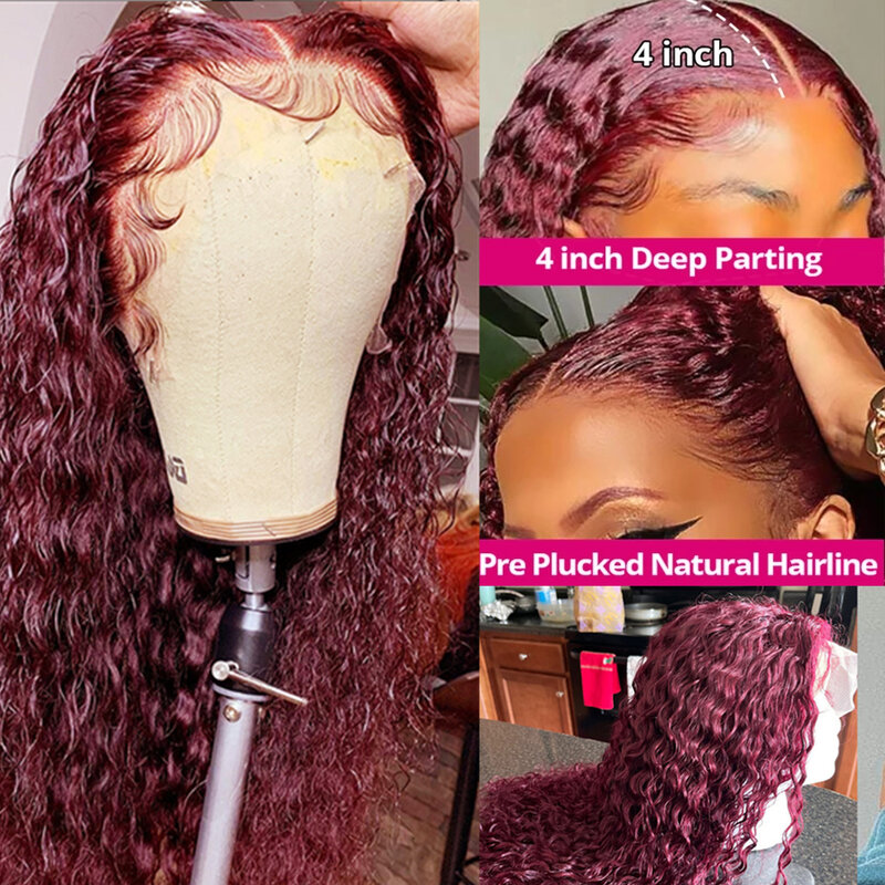Deep Wave Burgundy 13x6 HD Lace Frontal Wig 99j merah warna keriting gelombang air renda depan rambut manusia Brazilian untuk wanita