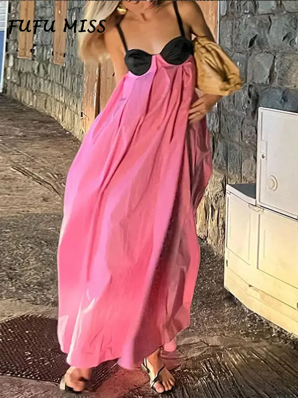 Sexy Kontrast riemen Kleid Frauen lose rücken frei von der Schulter ärmellose Kleider weiblich 2024 Sommerfest Urlaub Dame Roben