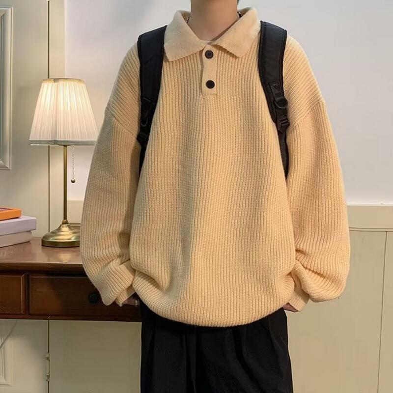 Men Autumn Winter Loose Fit Sweater Lapel Buttons Neckline Long Sleeve Knitting Tops Solid Color Warm Knitwear