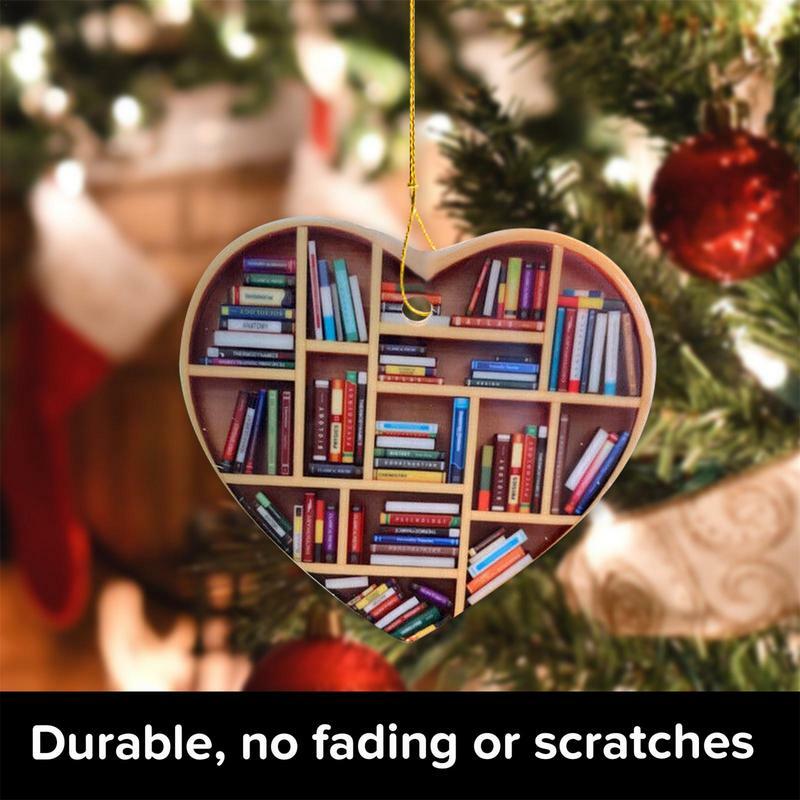 Miłośnicy książek w kształcie serca drewniana półka na książki 2D wisiorek świąteczny nosić i odporna na upadek dekoracja zawieszka na choinkę okien