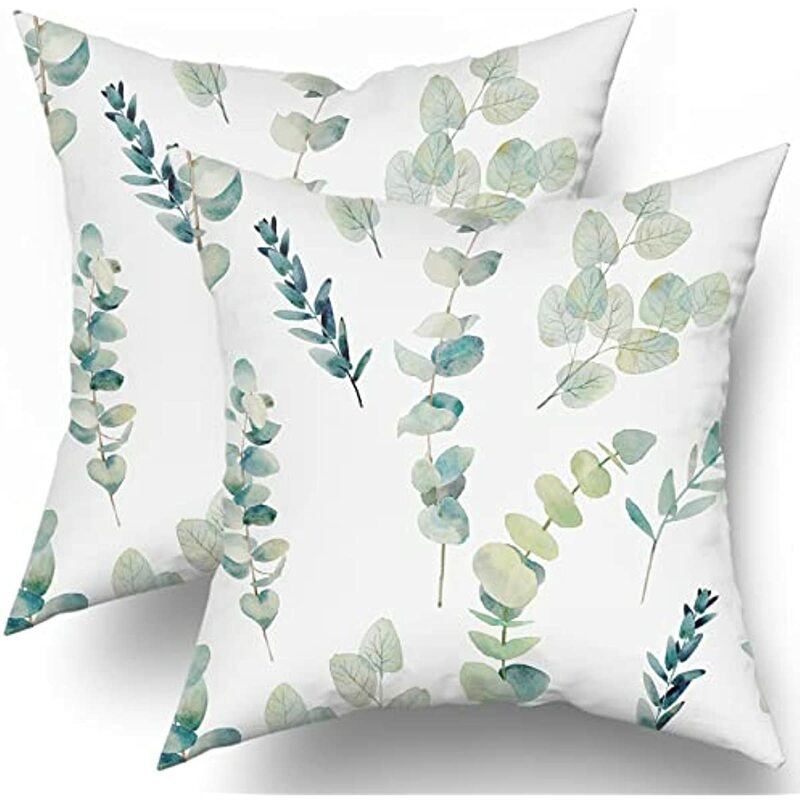 Green Pillow Covers Eucalyptus Branches Floral Watercolor Decorative Leaf Print Throw Square Cushion Pillowscase