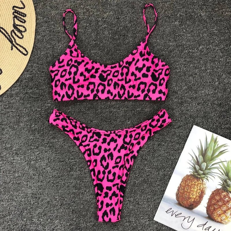 Bikini con estampado de leopardo para mujer, traje de baño Sexy de dos piezas, color rosa, 2024
