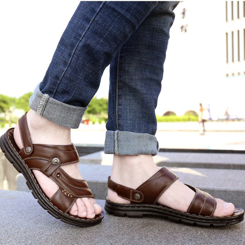 Sandales et pantoufles en cuir pour hommes, nouvelles chaussures de plage à l'offre elles optiques pour adultes, sandales en cuir à bout ouvert non ald, été