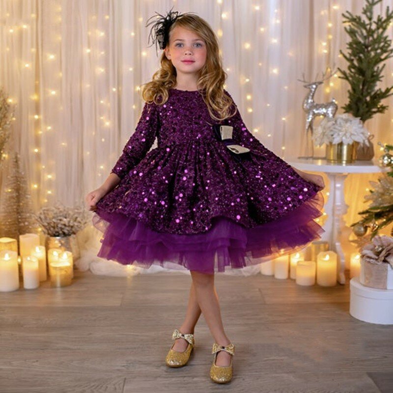 فستان فتاة زهور منتفخ من التل اللامع الأنيق ، طول الركبة ، كم طويل ، فساتين حفلات عيد الميلاد الأولى للأطفال