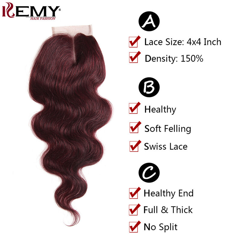 Bundles de cheveux humains Body Wave avec fermeture, tissage de cheveux colorés, extension de cheveux Remy brésiliens, trame, 99J, 4 pièces