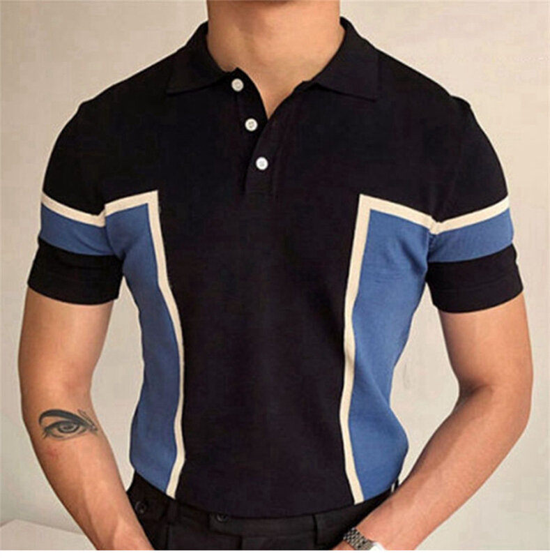 2024 New Patchwork Men Polo Shirt Short Sleeve Turn-down Collar Tops Summer Knitted T-Shirt Casual Streetwear Men's Knitwear