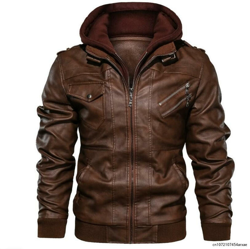 Men's Leather Jacket Plus Thick Coats Casual Biker Style Slim Cut Zipper Pocket and Stand-Up