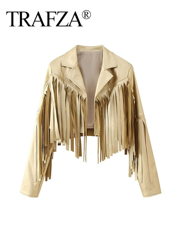 TRAFZA jaket gaya jalanan wanita, jaket kasual potongan emas kulit imitasi lengan panjang dengan rumbai atasan cantik