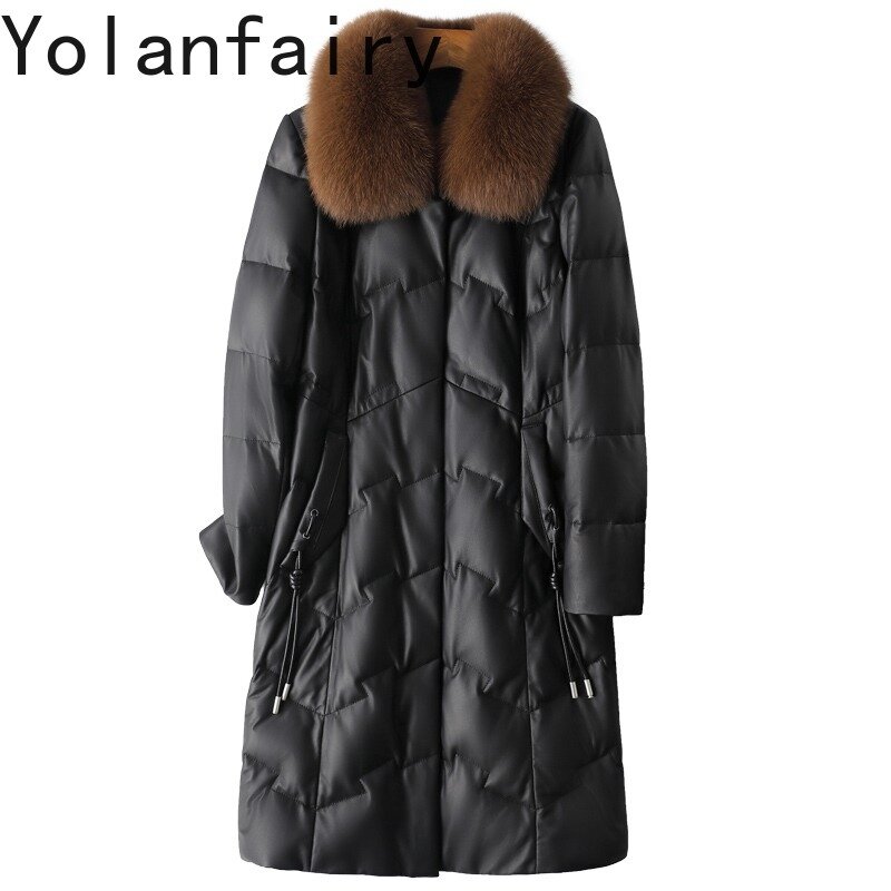 Jaqueta de couro real para mulheres, casaco de pele de carneiro, gola luxuosa de pele raposa, casacos brancos de pato, Parkas longas femininas, inverno quente 2022