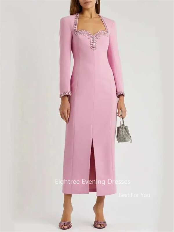 リーツリー-ピンクイブニングドレス、長袖、ビーズ、光沢のあるネック、フォーマルプロムドレス、ニカルステージガウン、フロント分割
