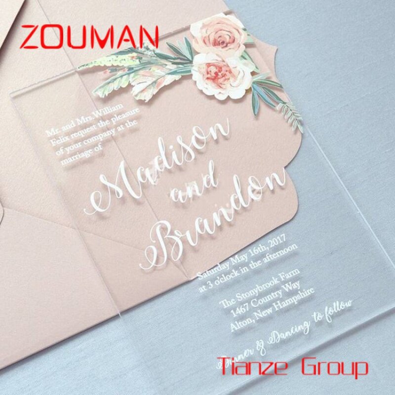 Tarjeta de invitación de acrílico transparente con textos personalizados, tarjeta de vacaciones única para boda