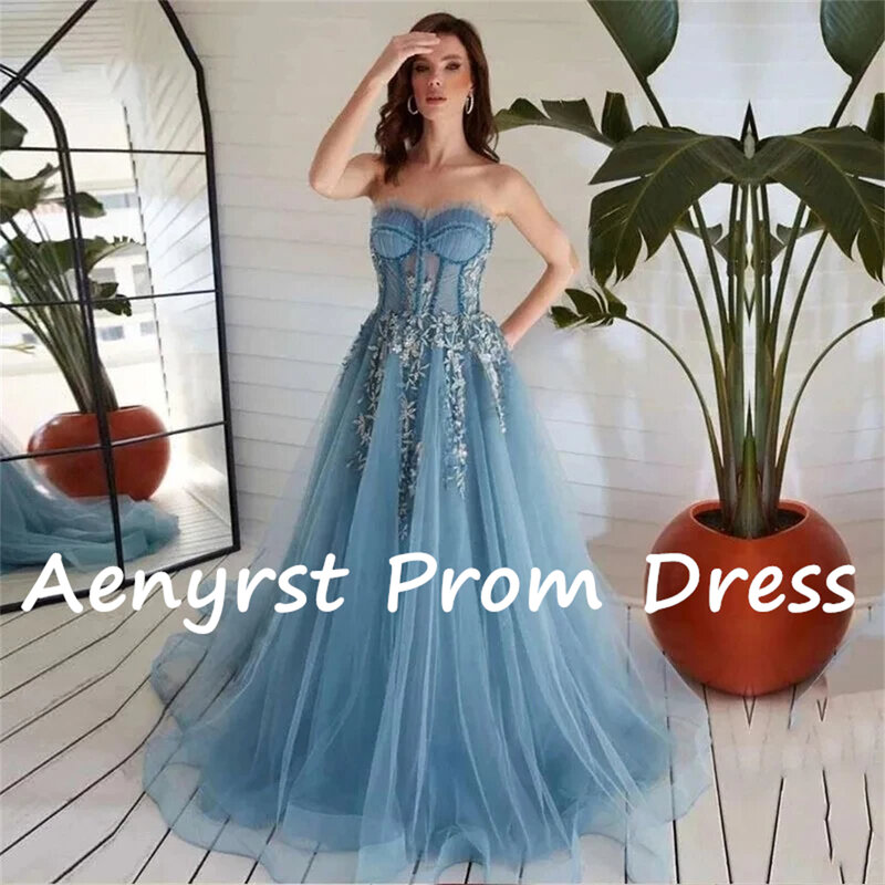 Aenyrst Elegant Sweetheart Appliques Prom Dresses A Line Tulle Evening Gowns Floor Length Dinner Party Dress Blue فساتين السهرة