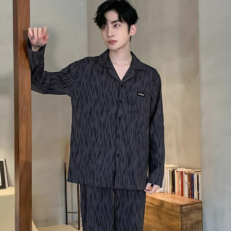 Cotton Sleepwear Men Long Sleeve Cardigan Long Pants Pajama Sets Loungewear Sets Loose Spring Autumn Nightwear Korean Loose