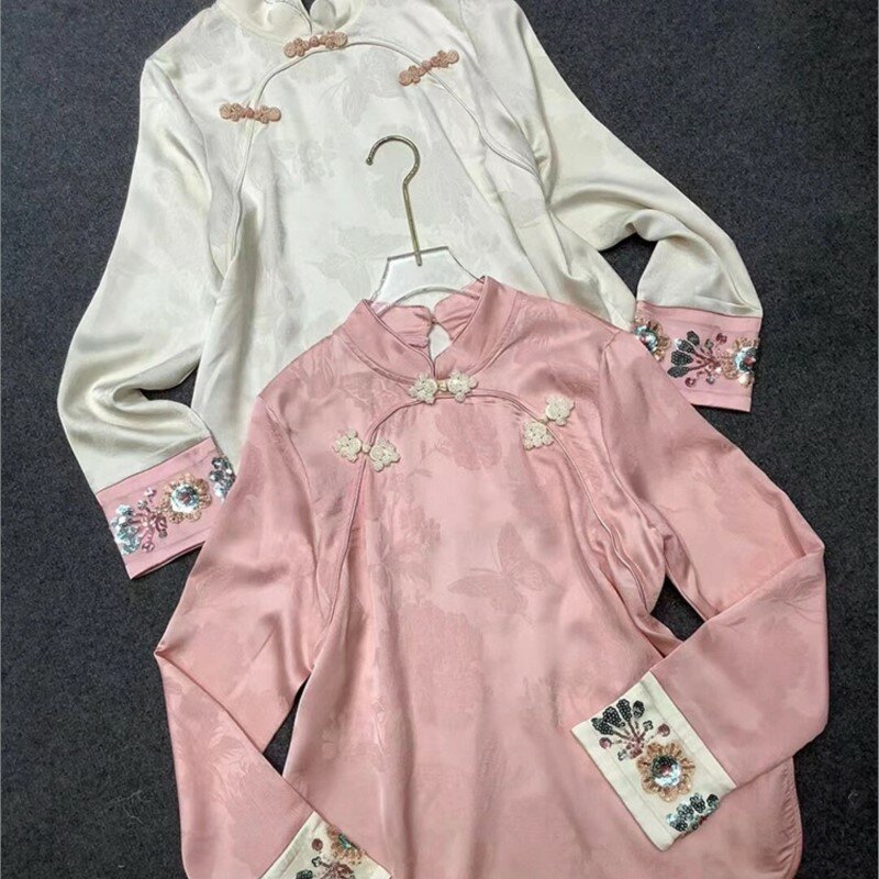 เสื้อแจ็คการ์ดอะซิเตทสีชมพูสำหรับผู้หญิงเสื้อหรูขนาดเล็กสไตล์จีนใหม่