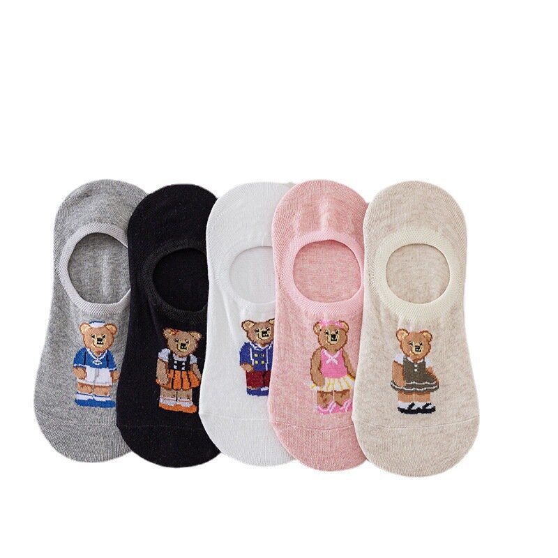 5 Pairs Fashion Bear Socks Women Korean Cartoon Ultra-short Socks Spring New Trendy Socks Ins Shallow Mouth Invisible Crew Funny