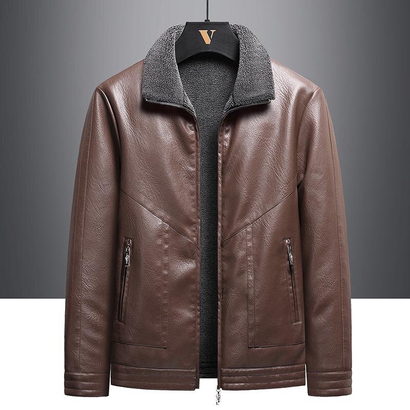 Plus Size Youth Zipper Casual Lapel Straight Hem Black Winter Leather Coat