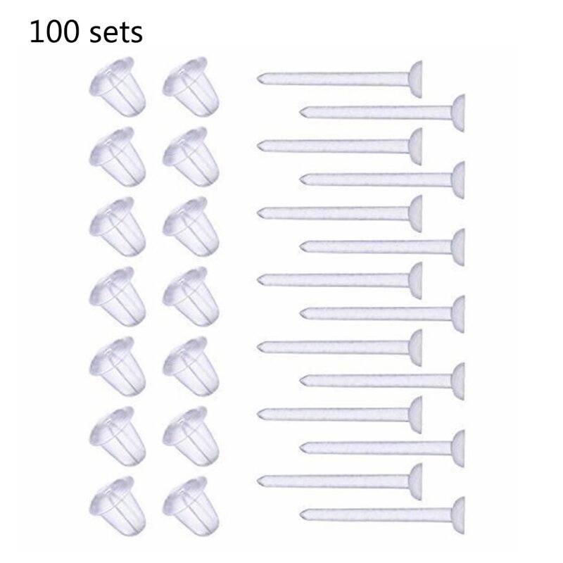 Brinco atrás e kit de pinos de plástico com 100 conjuntos de pinos de brincos transparentes F19D