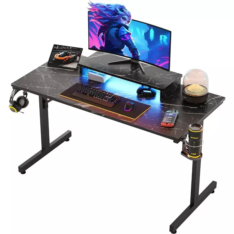 Escritorio pequeño para juegos con soporte para Monitor, escritorio para computadora LED de 42 pulgadas, estación de trabajo para jugadores con portavasos y ganchos para auriculares, modo