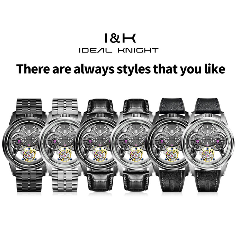 I & k oryginalny zegarek dla mężczyzn szkielet mechaniczny Tourbillon wodoodporny szafirowy kryształ skórzany zegarek luminescencyjny zestaw podarunkowy